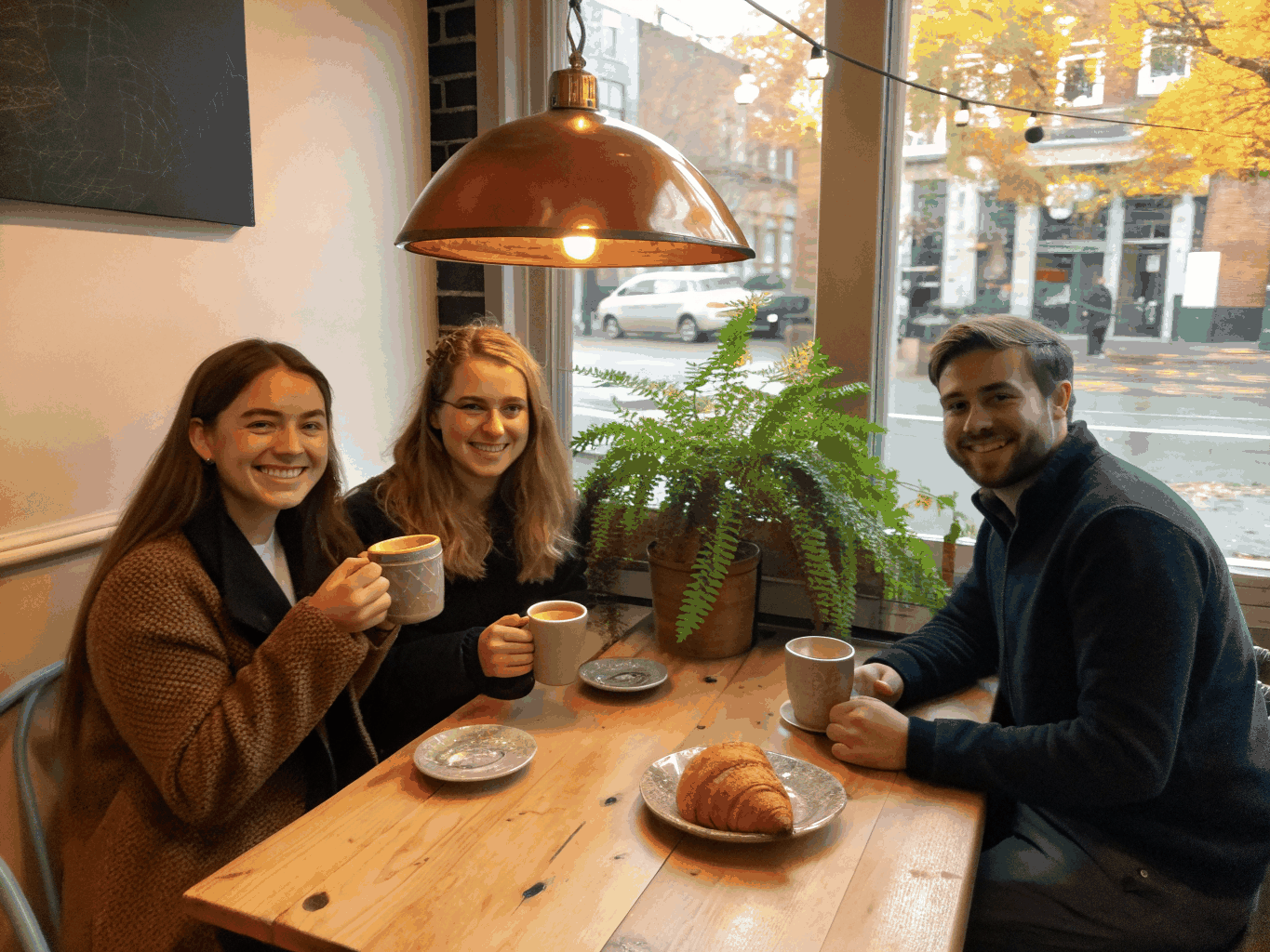 people inside a cafe drinking coffee, laughing and having fun
