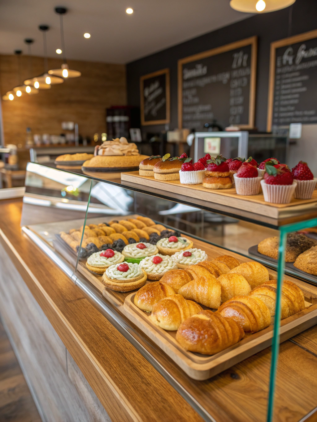 Golden flaky pastries and croissants in the display case